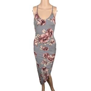 Vtg Y2K Windsor Gray Pink Floral Rose Ruched Grunge Asymmetric Slip Dress SZ XS